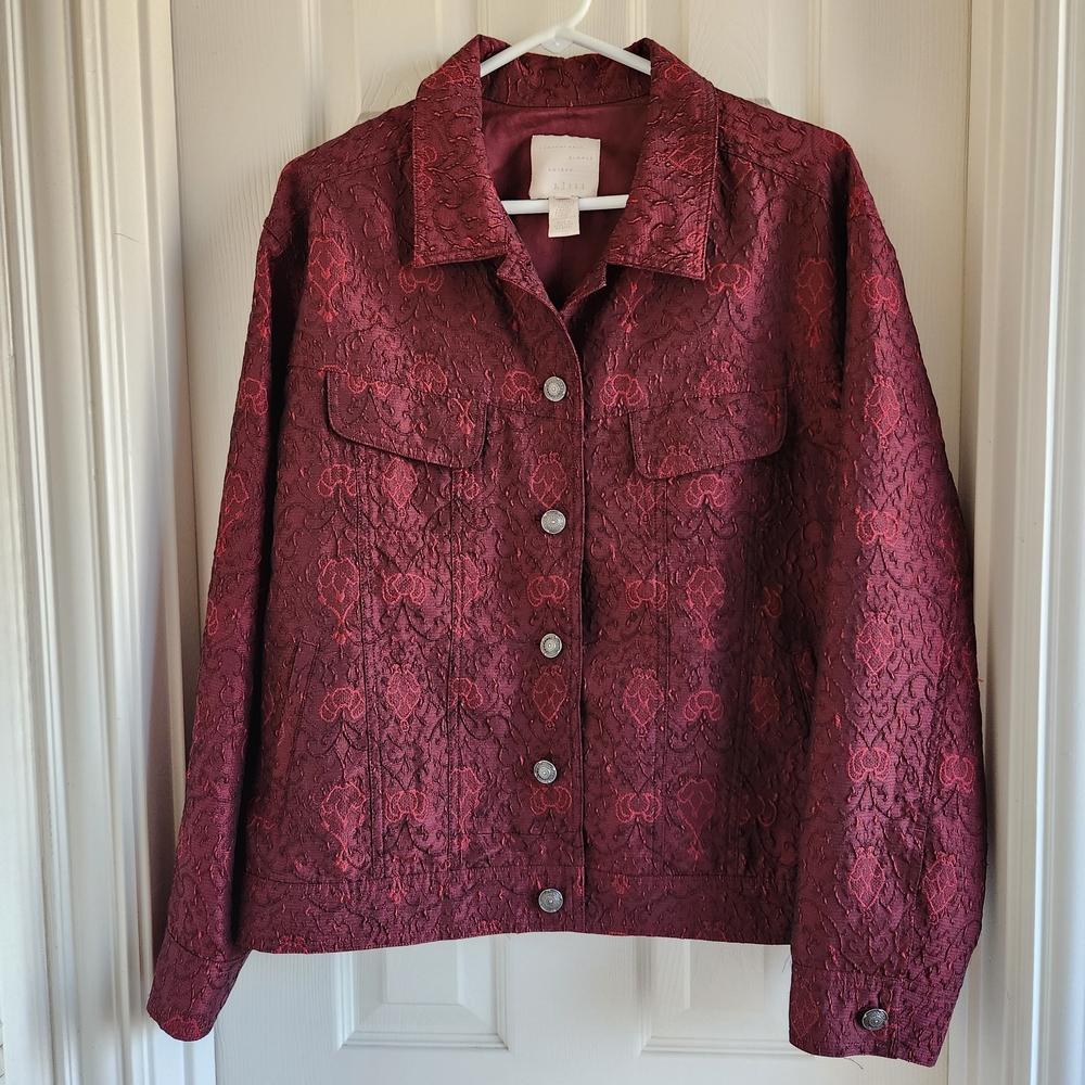 J.‎ Jill Embossed Texture Brocade Trucker Jacket Size L Whimsigoth Burgundy Red